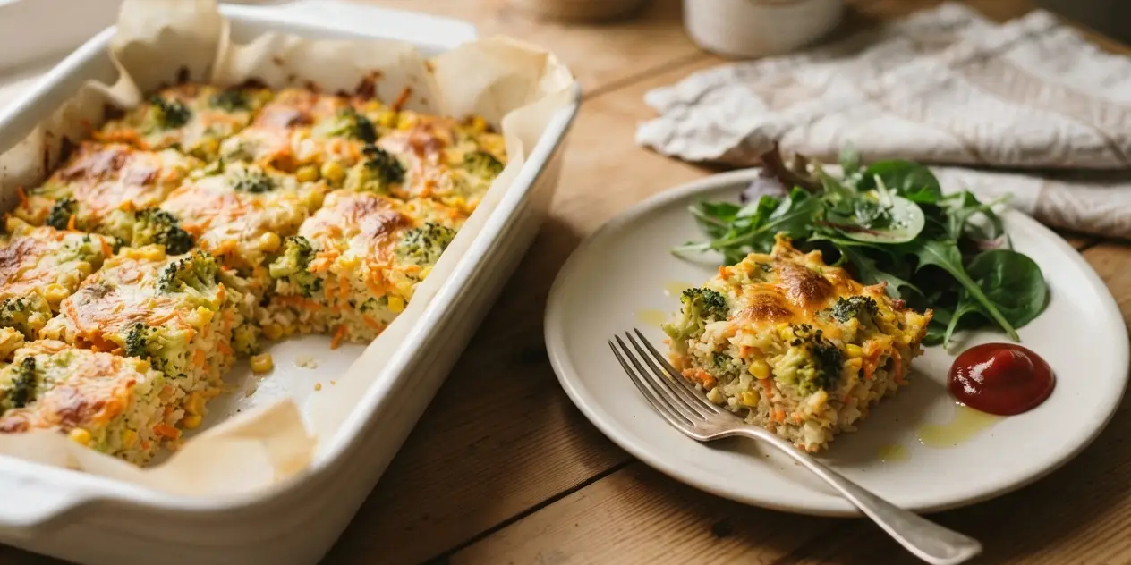 Cheesy broccoli rice slice