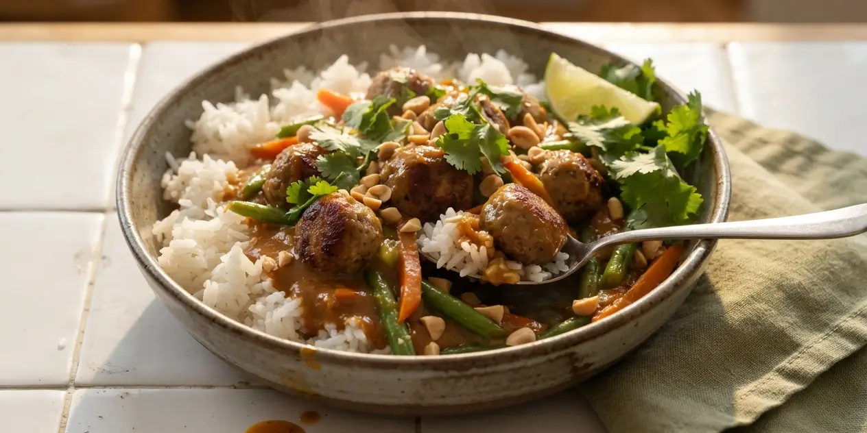 Peanut Satay Sausage & Vegetable Rice Bowls