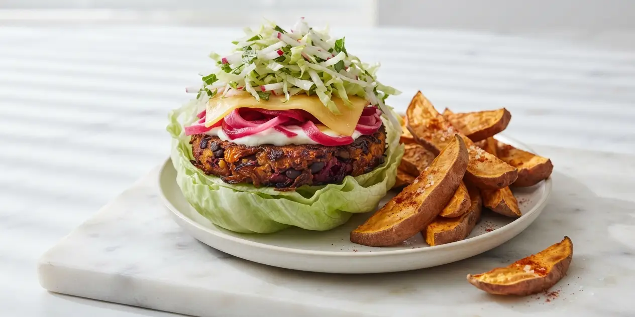 Black bean burgers with kumara chips