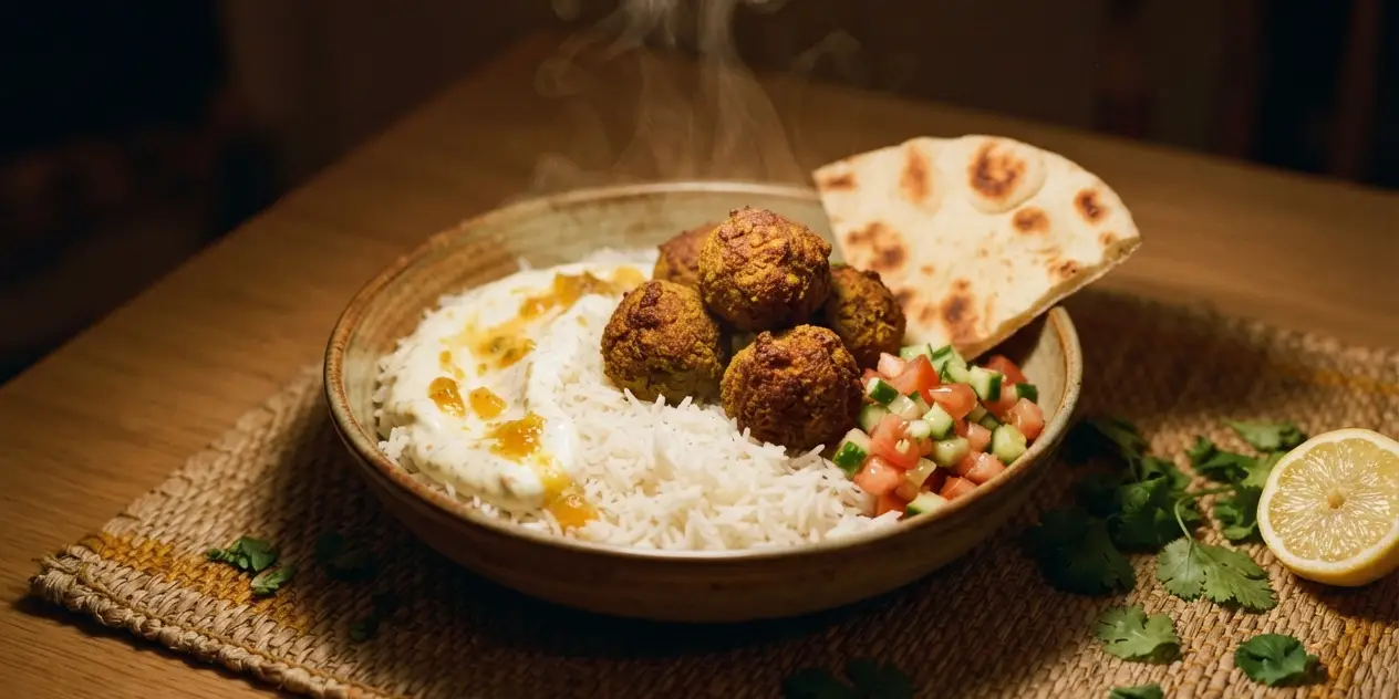 Curried Chickpea Falafel with Rice & Chutney Yoghurt