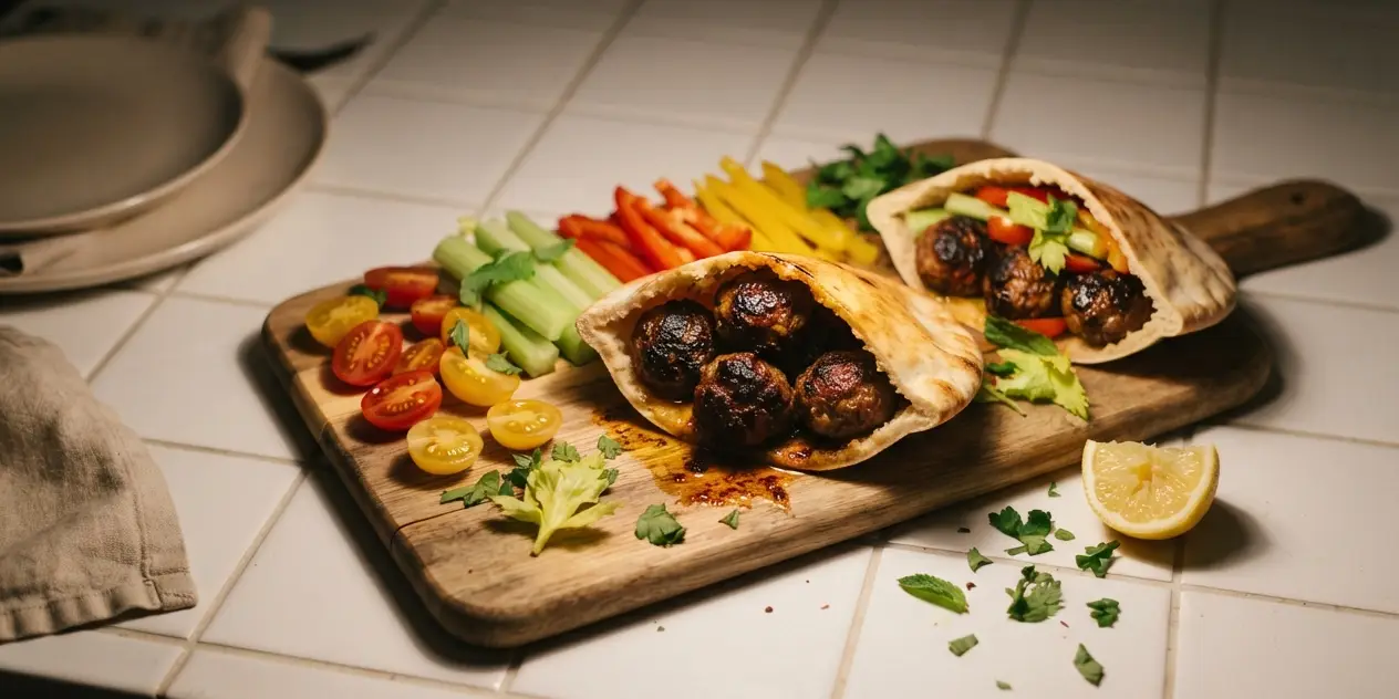 Baked Lamb Meatballs with Pita and Veggie Sticks