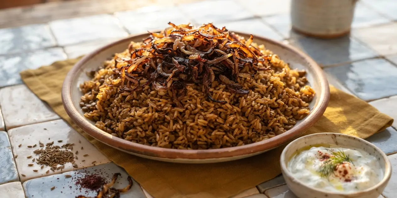 Spiced Rice and Lentils with Crispy Onions