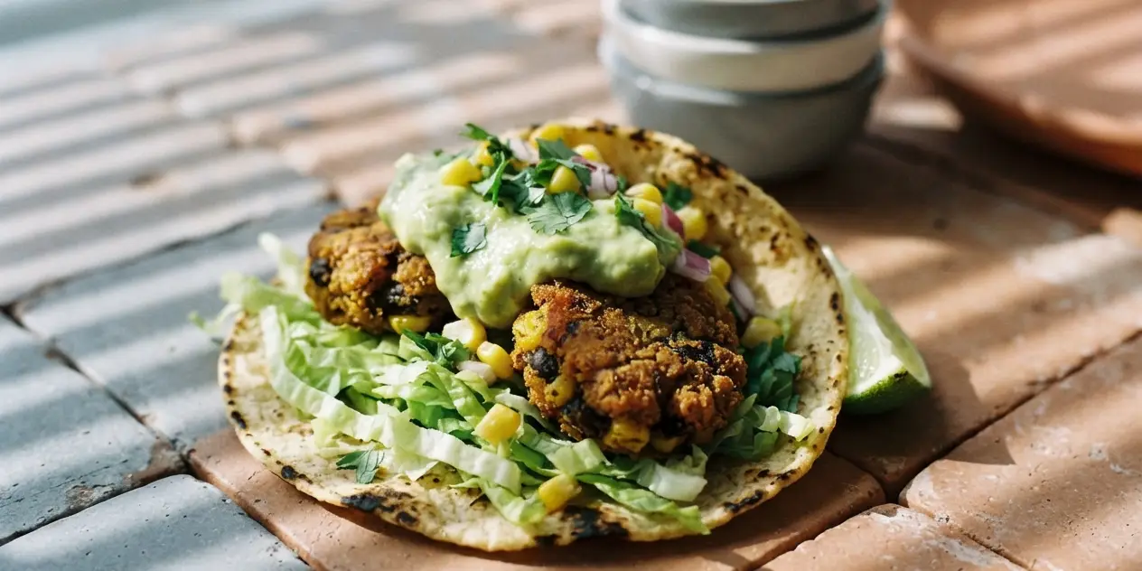 Black Bean & Corn Falafel Tacos with Guacamole